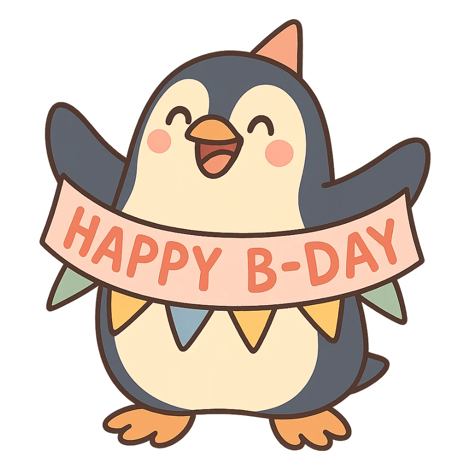 smiling penguin holding 'Happy B-Day' banner, pastel-toon style sticker