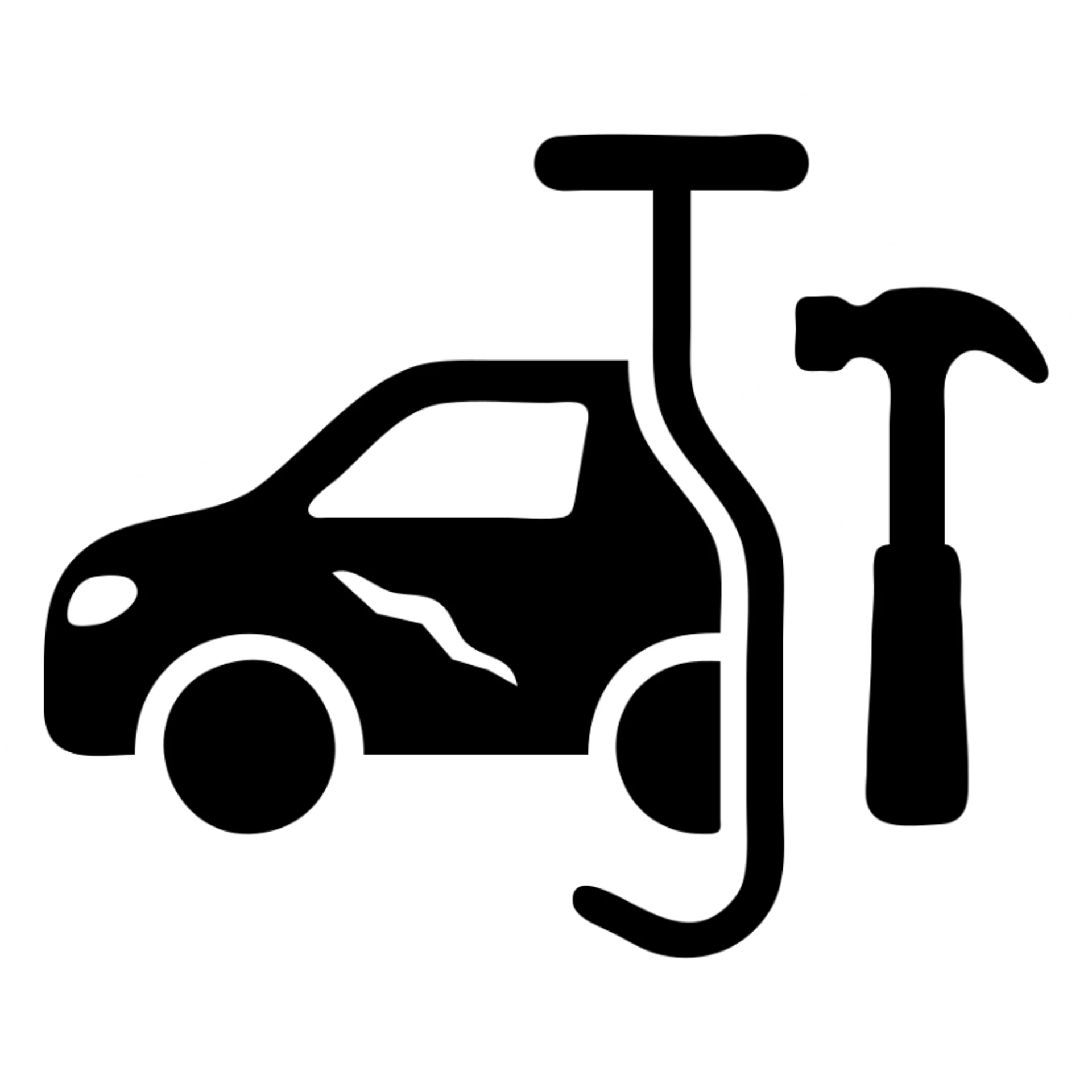solid filled icon of a car with a visible dent and dent repair tools like a lever and small hammer for Paintless Dent Repair (PDR) sticker