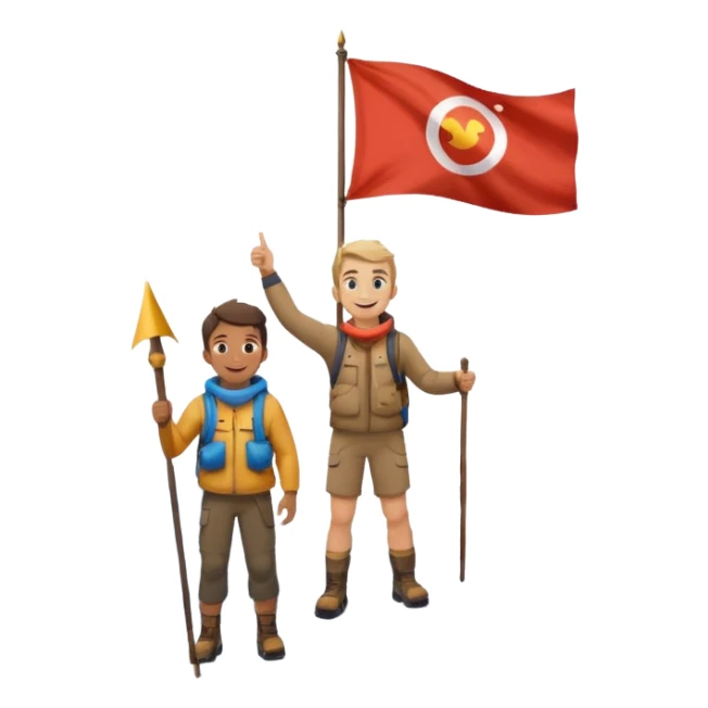 happy guy standing on a mountain peak, mountain visible under his legs, some snow, holding a flag sticker