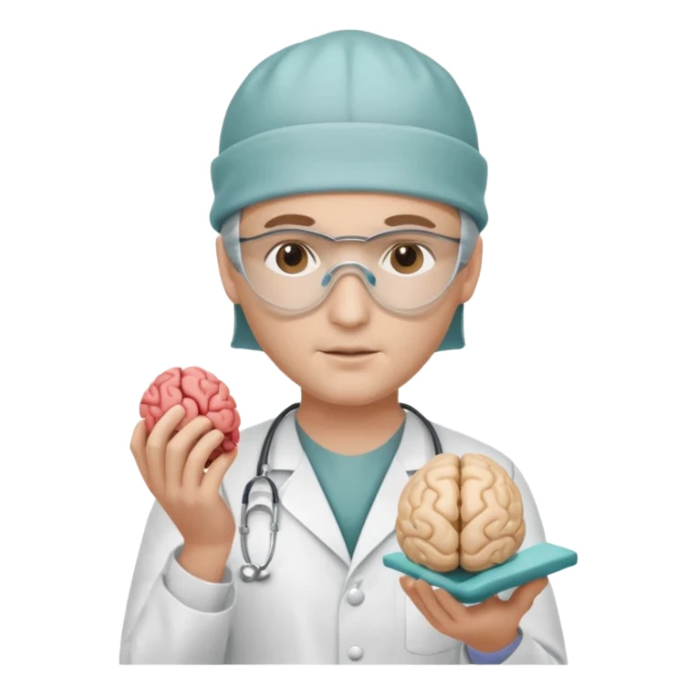 neurosurgeon wearing surgical cap and mask holding brain model sticker