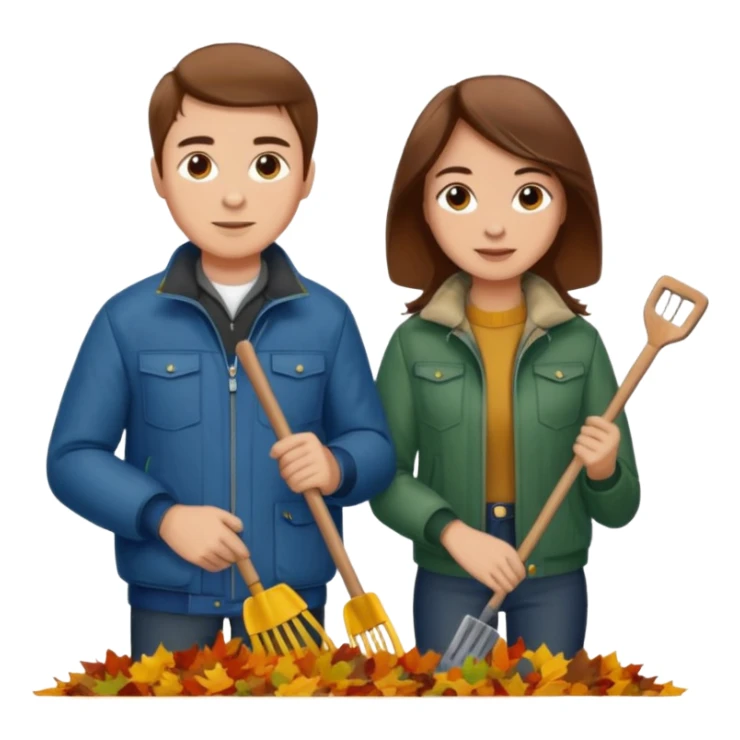 a couple man and woman both brown hair light skin racking leafs sticker