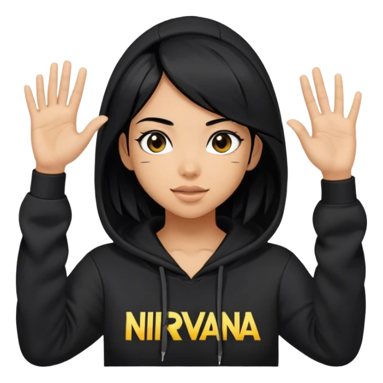 una chica cabello negro con una sudadera negra saludando y con el logo de nirvana en el pecho sticker