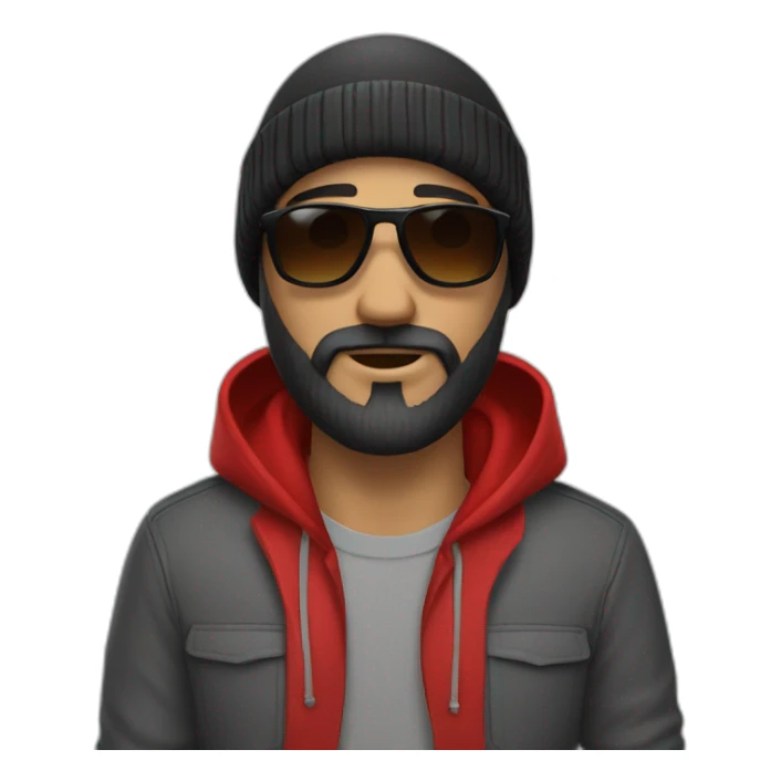 a man with black beard, gray Beanie, black sunglasses, that wears a red hoodie sticker