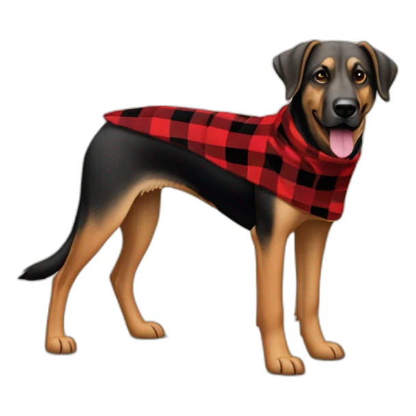75% Coonhound 25% German Shepherd mix dog wearing small pointed red buffalo plaid bandana pointing down side view full body facing left sticker