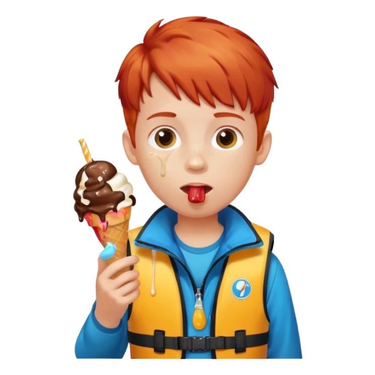 boy kid red haired wearing life jacket, eating ice cream sticker