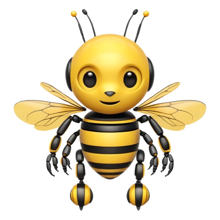 cute bee robot with yellow and black stripes, round body, mechanical arms, small wings, friendly expression, emoji style sticker