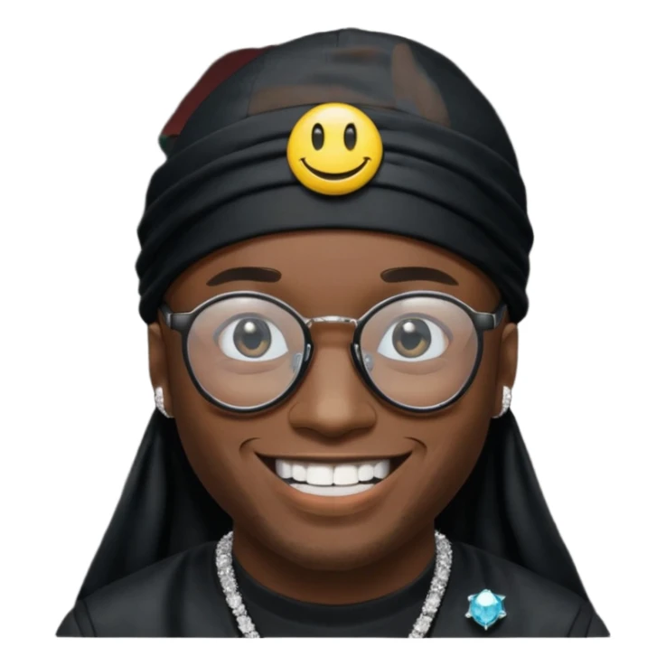 man with black durag,glasses, and smiley with diamond grillz sticker