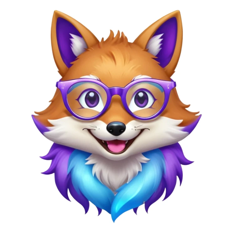 A magical fox with shimmering purple and blue fur, a glowing tail, a silver star on its forehead, and round glasses, laughing so hard that tears are streaming from its eyes sticker