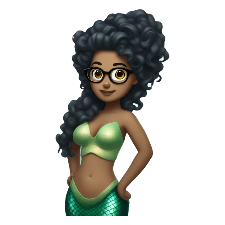 mermaid with curly black hair, wearing glasses, full torso sticker