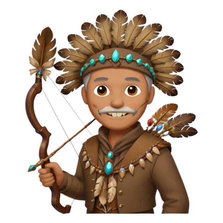The classic image of a middle-aged uncle hunter carrying a bow, dressed in brown clothes, with some ornaments made of feathers, bones or teeth on his body. sticker