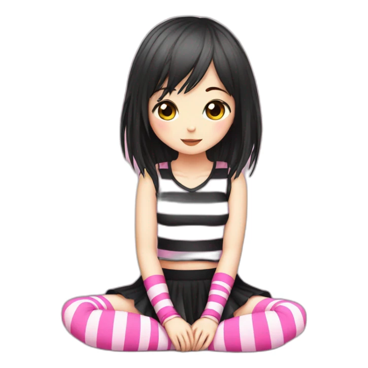full body Front view emo girl sits on the floor black skirt pink knickers striped stockings sticker