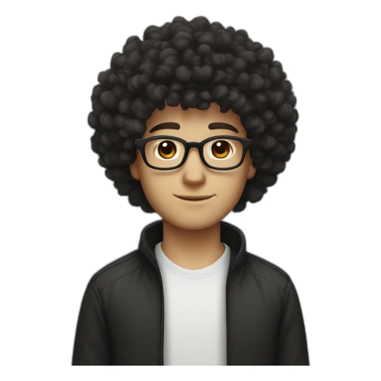 white boy white skin and squared jawline with back colored afro curly black hair and squared glasses sticker