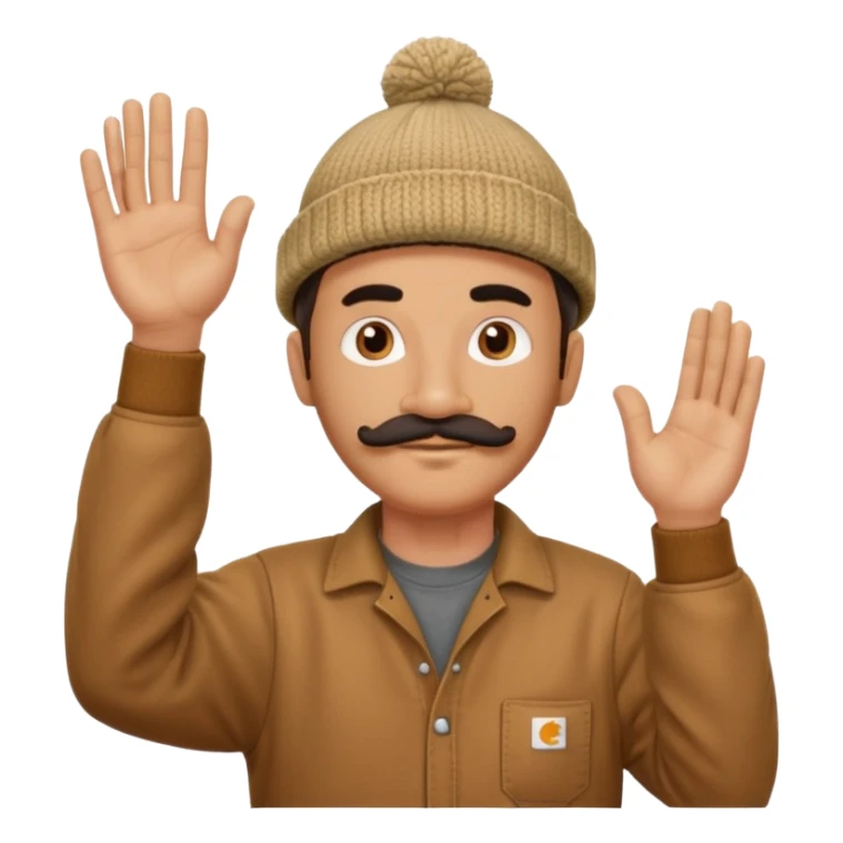 Woodworker thick straight mustache knit cap Carhartt shirt, one hand raised above head small eyes sticker