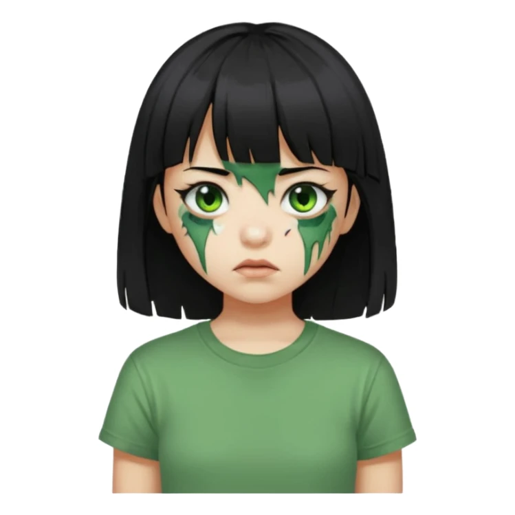 Garota de cabelo preto com franja com a pele verde e ferimentos expostos na cara, usa uma camiseta branca rasgada e suja de poeira  sticker