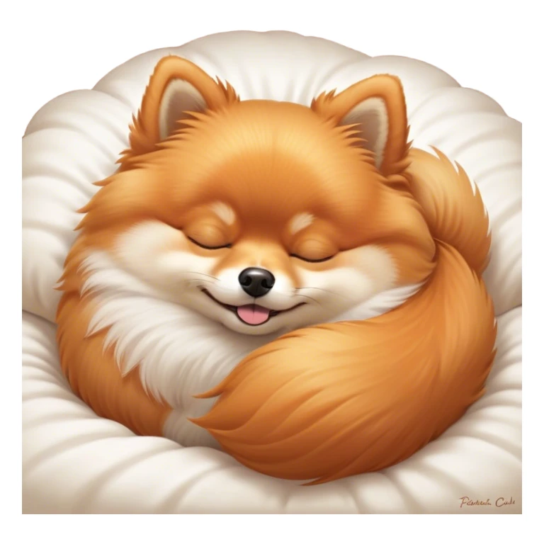 Meme-Worthy Cute Sleeping Orange Pomeranian Portrait Emoji, Head resting peacefully with a contented smile, showcasing a delightfully compact build and a luxuriously soft, fluffy orange Fur, eyes shut in a serene nap, Simplified yet hilariously adorable features, highly detailed, glowing with a soft, drowsy light, high shine, relaxed and utterly lovable, stylized with an air of playful laziness, bright and heartwarming, soft glowing outline, capturing the essence of a comically sleepy companion, so meme-worthy it feels like it could instantly become the next viral sensation of adorable slumber! sticker