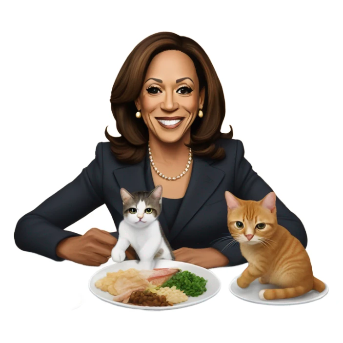 Kamala Harris is sitting at a table with a cat laying down on a plate. Kamala has silverware in her hand and her mouth is watering. sticker