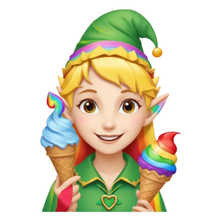 A cheerful elf girl with pointy ears holding a rainbow ice cream cone, smiling brightly.

 sticker