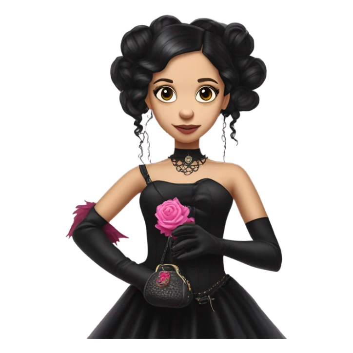 healthy standing flirty Lavish black evening gown with see-through gloves, Jenna Ortega as Addams woman prom queen wearing a steampunk mini tiara, very large blood  pink evil-looking horned old dragon purse sticker