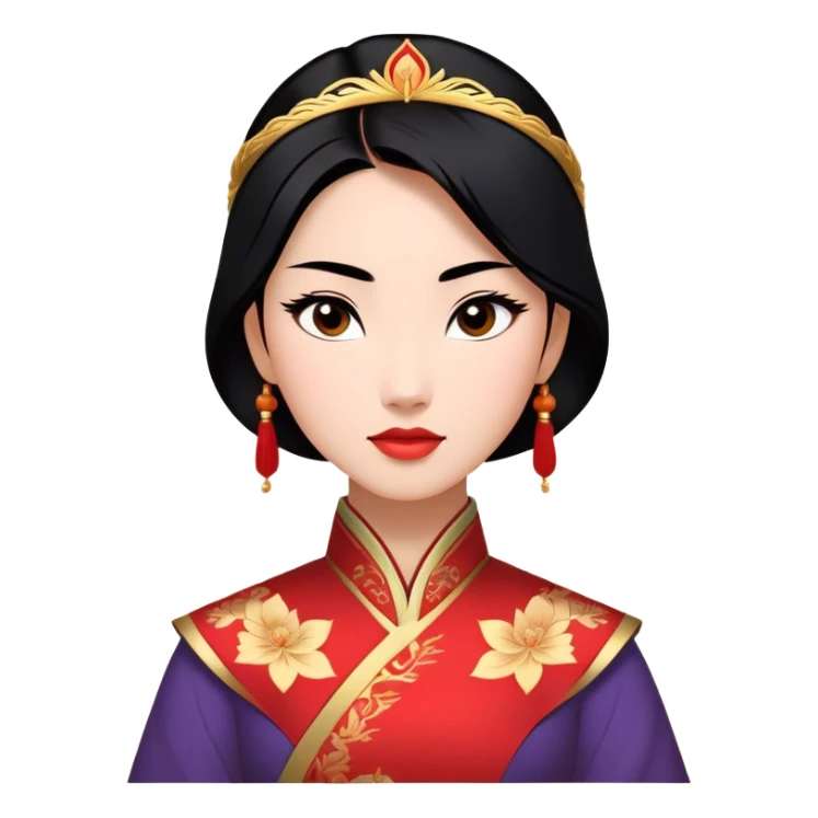 Cinematic Majestic Mulan Portrait Emoji, rendered in a clean, vector-style with bold, simplified shapes. Depict Mulan with a serene, noble expression, warm light skin, and neatly styled black hair, dressed in traditional attire featuring subtle red motifs and gold trim. The image glows with a calm, majestic aura, high shine, and a soft glowing outline, embodying classic elegance. sticker