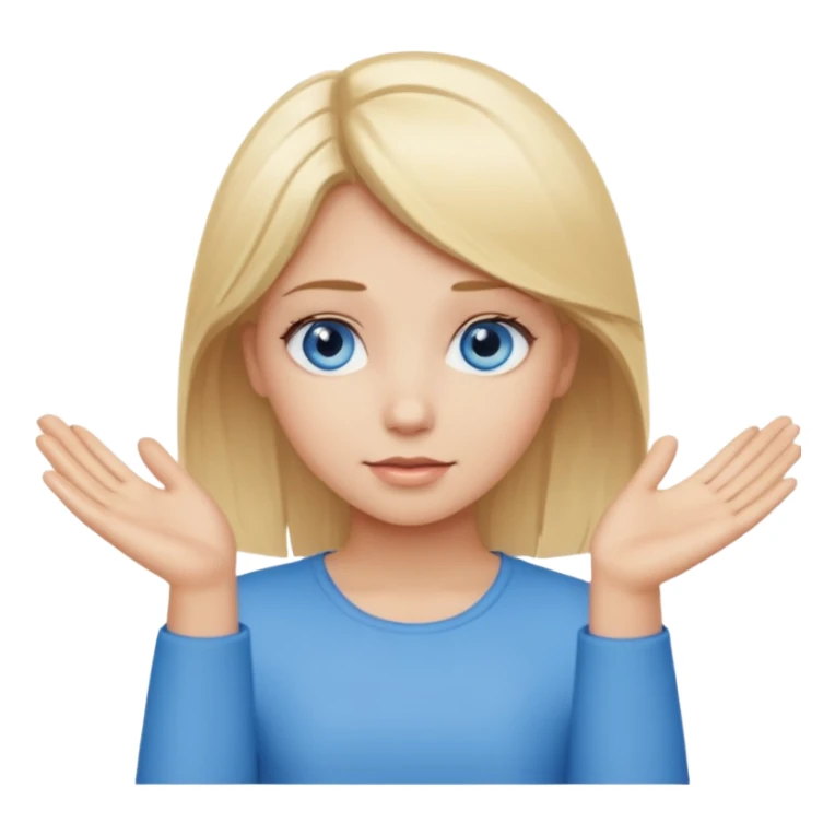 girl with blonde hair and blue eys with heands telling what  sticker