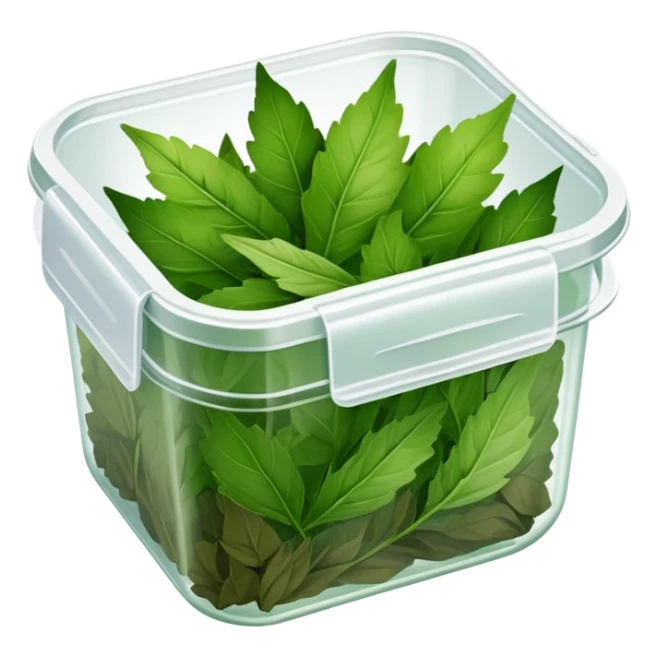 small plastic container with green dried herbal leaves which are clumped together sticker