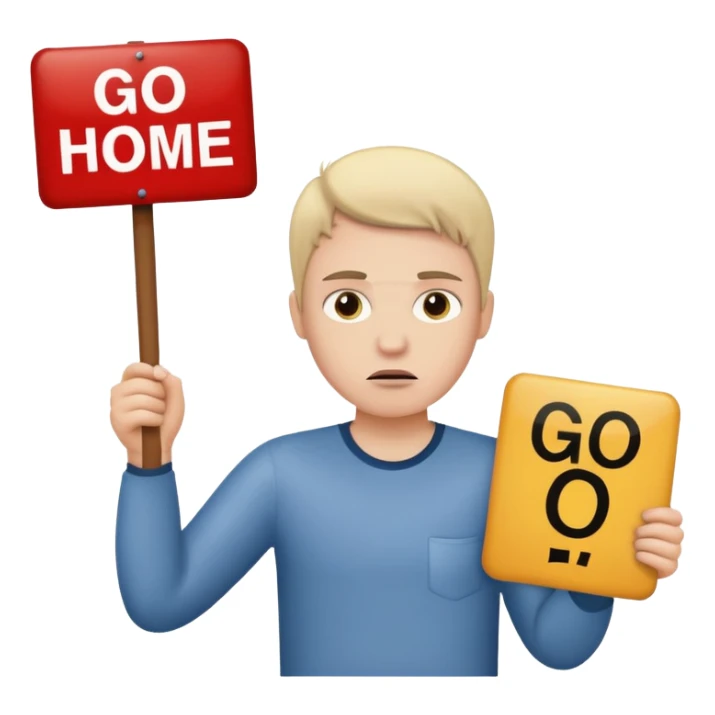 A white person holding a sign that says go home sticker