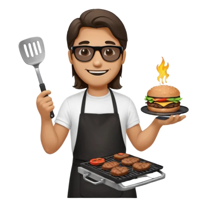 long hair man grilling wearing shade smiling in a white tshirt and a black apron grilling burger and meat on a sizzling grill sticker