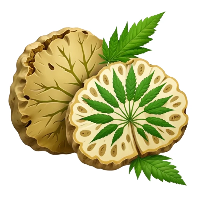 slices of white truffle with cannabis leaf sticker