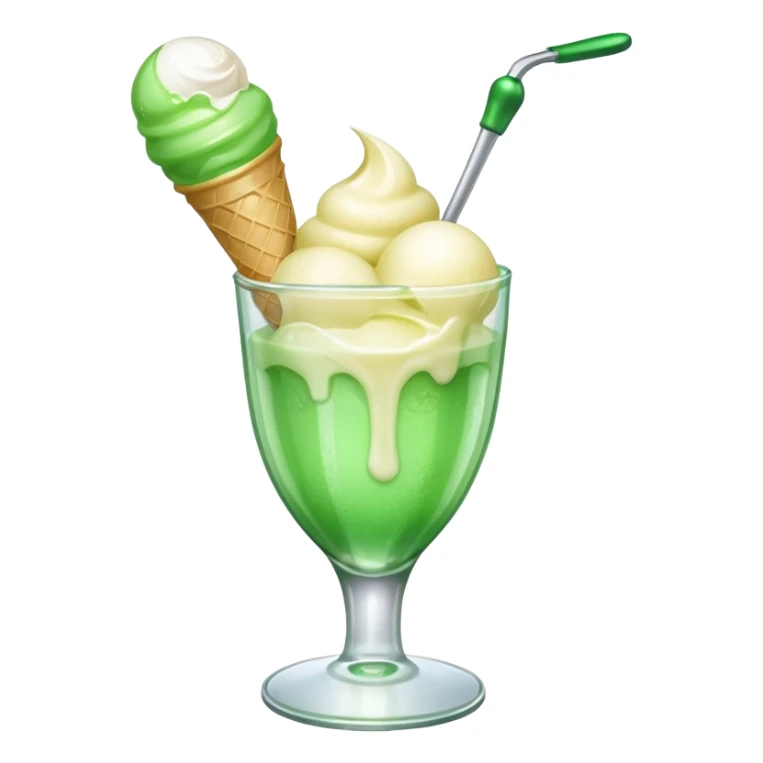 Create an emoji with a clear rounded glass, bright transparent green soda, vanilla ice cream scoop sticker