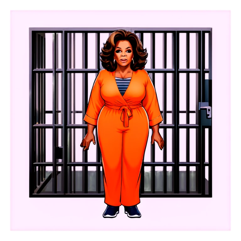 Oprah Winfrey in jail wearing an orange jumpsuit behind bars make her look sad put her in a jail cell with Diddy sticker