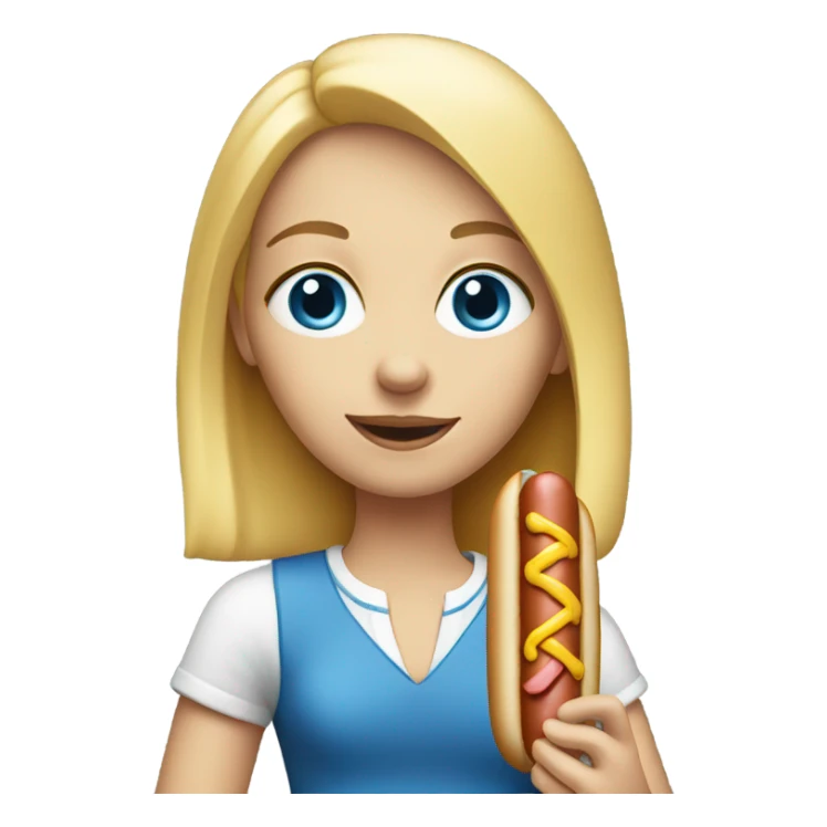 Blonde girl with blue eyes with a hot dog sticker