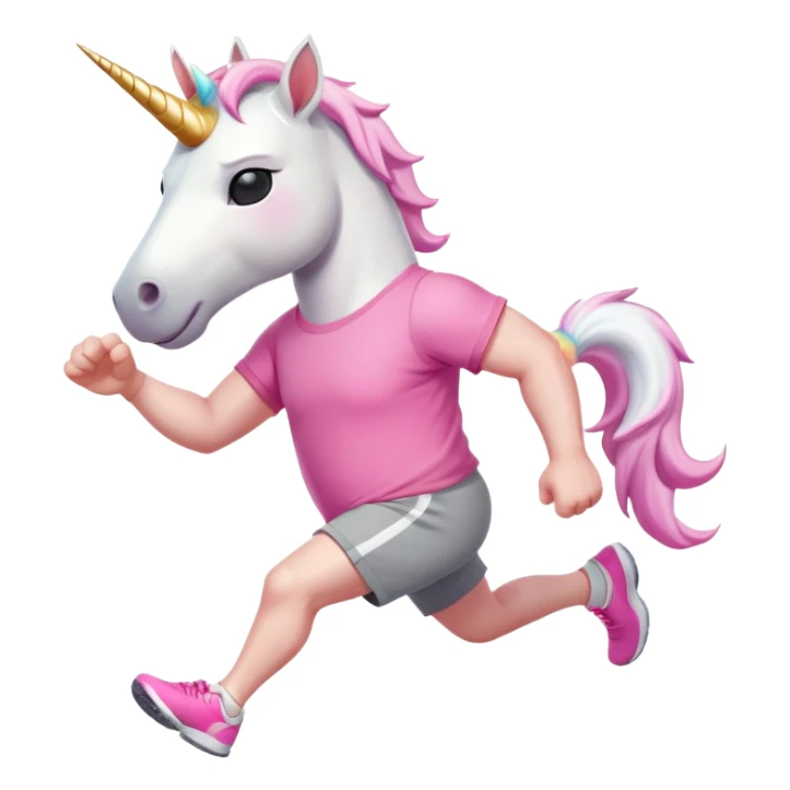 friendly anthropomorphised male white unicorn with a stocky, strong build, white arms and legs, wearing grey shorts and pink t-shirt, dark sunglasses, jogging upright in a relaxed pose sticker