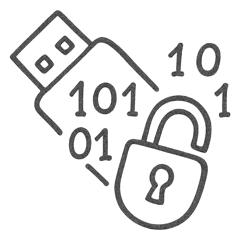 hand-drawn outlined icon of a USB drive and broken lock merged, tilted down-left, transparent, gray and black, with 1s and 0s inside sticker