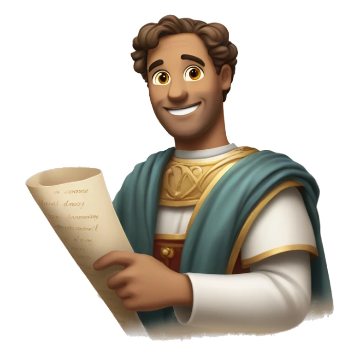 Lovestruck Senator with a Love Scroll: A Roman senator smiling, holding a scroll with hearts drawn on it, with a dreamy and gentle expression. sticker