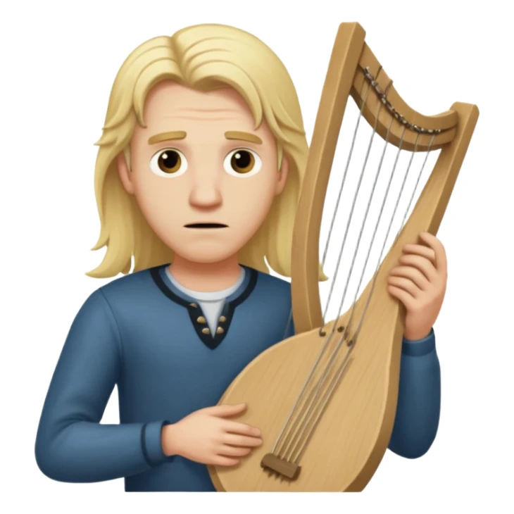 Man with long blonde hair nervous   holding a lyre sticker