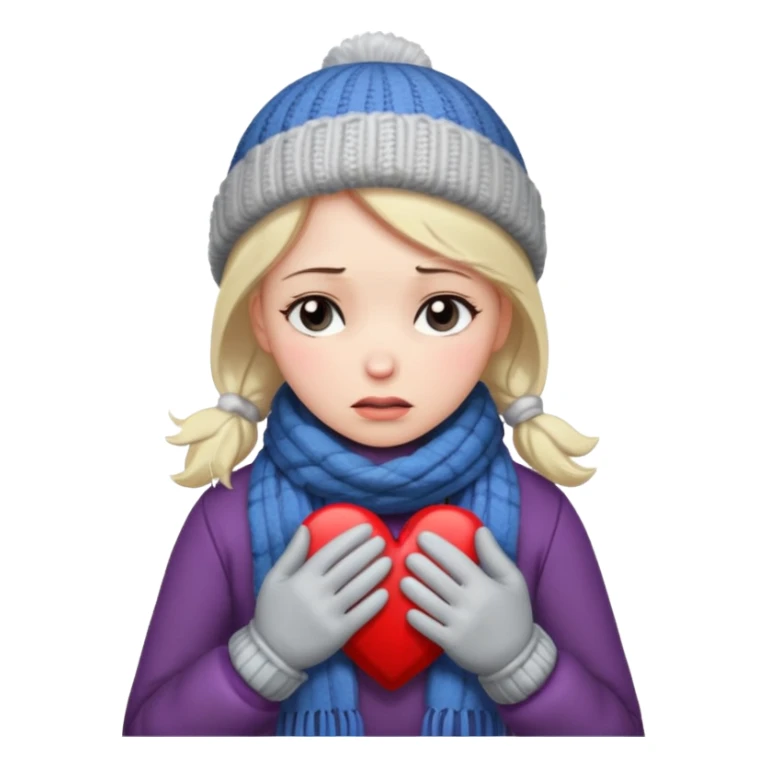 woman broken hearted, looking down sad, about to cry. holding her heart breaking, wearing a winter outfit sticker