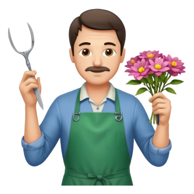 Middle-aged male florist – apron on, trimming stems with scissors sticker