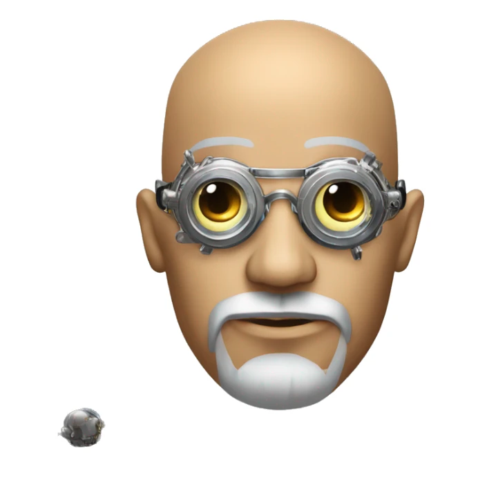 Tan bald male Latino cyborg head with grey beard, silver steampunk monocle goggles and circuits sticker