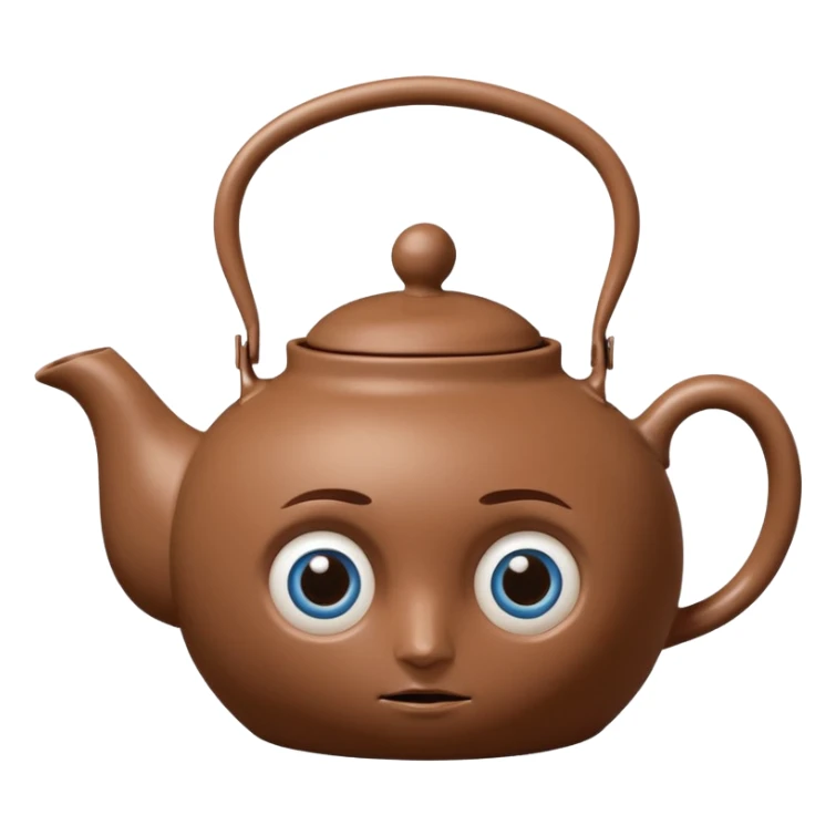 brown teapot, with a concerned expression including big blue eyes. It has human legs on the bottom, and a human hand connected to its handle. sticker