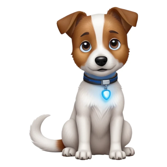 cinematic-[jack russel]-realistic-full-body-sitting-emoji,-tail-resting-loosely-beside-its-paws,blue eyes-head-tilted-dramatically, -scruffy-[brown and white]-fur,-simplified-yet-realistic-focused-features,-highly-detailed,-glowing-with-an-almost-sarcastic-glow sticker