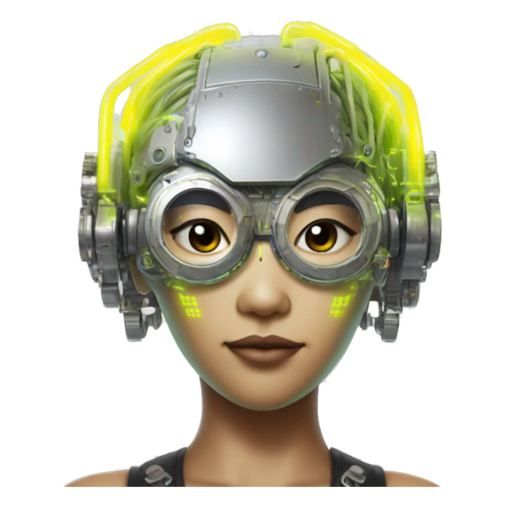 Neon yellow bobbed hair Asian female cyborg head with silver steampunk goggles and circuits sticker
