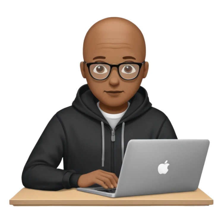 Bald Black guy with glasses wearing a black hoodie and working on a laptop doing a cad model sticker
