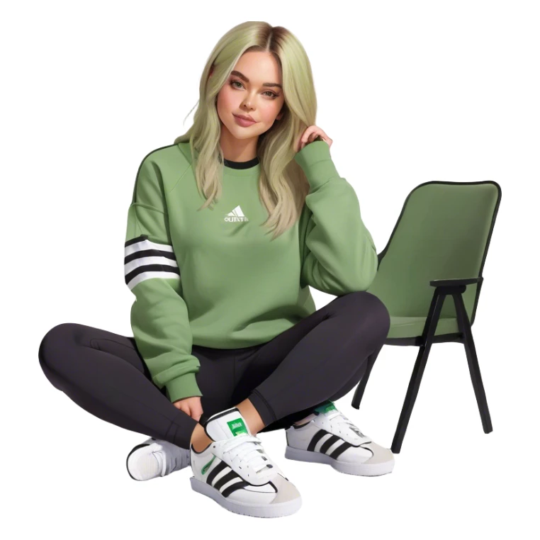Girl long bright blonde highlighted hair middle part with rosy cheeks and plump mauve lips green eyes and wearing a white sweatshirt and black leggings with black and white adidas OG Samba sneakers sitting in a cozy chair posing with legs over the side of chair  sticker