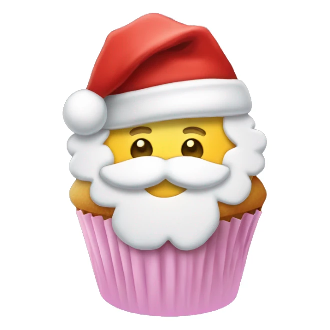 Frosted cupcake decorated like Santa with a red hat, rosy cheeks, and a white beard sticker