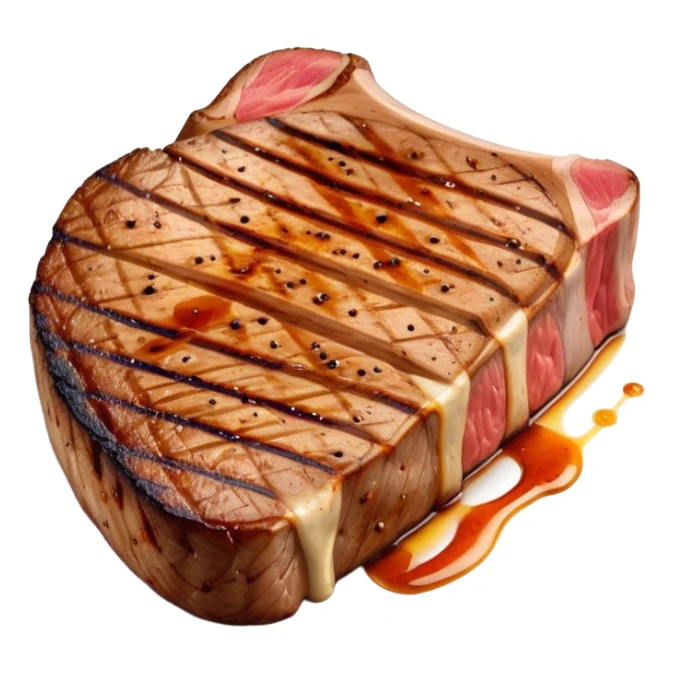 Cinematic thick-cut scotch t-bone steak, perfectly seared with grill marks, a grilled center, rich and savory, warm glow, sizzling and mouthwatering, highly detailed and appetizing. sticker