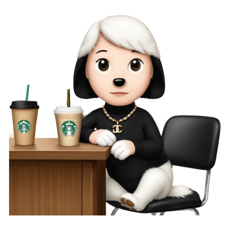 snoopy in a desk with starbucks and his chanel purse sticker