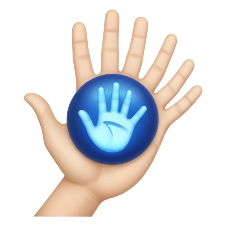 palm-down hand on top. Blue light ball in middle. Palm-up hand on bottom sticker