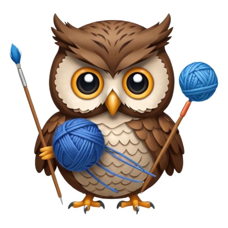 Owl holding blue yarn ball and knitting needles sticker
