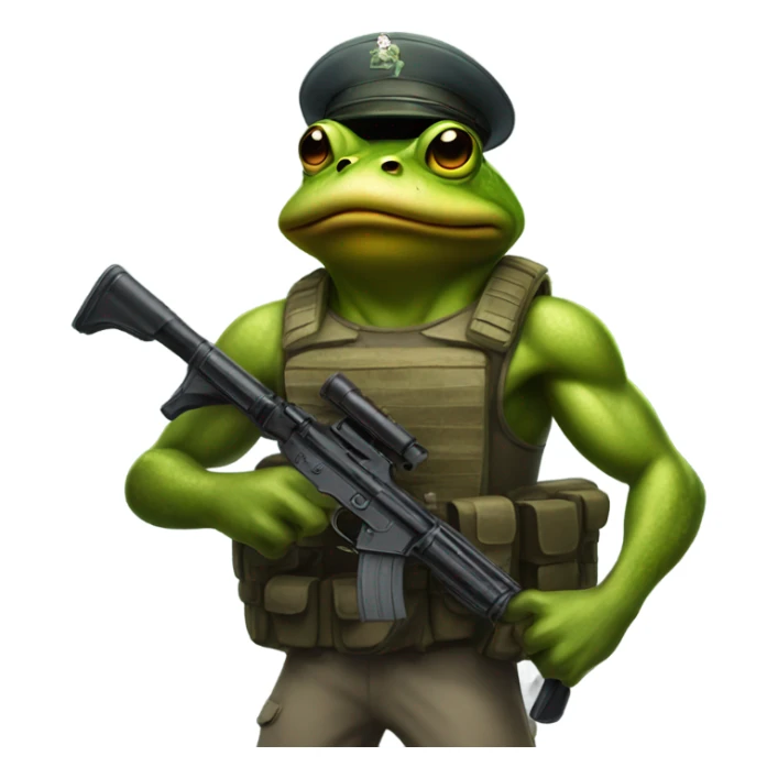 Buff frog with an army helmet and gun sticker
