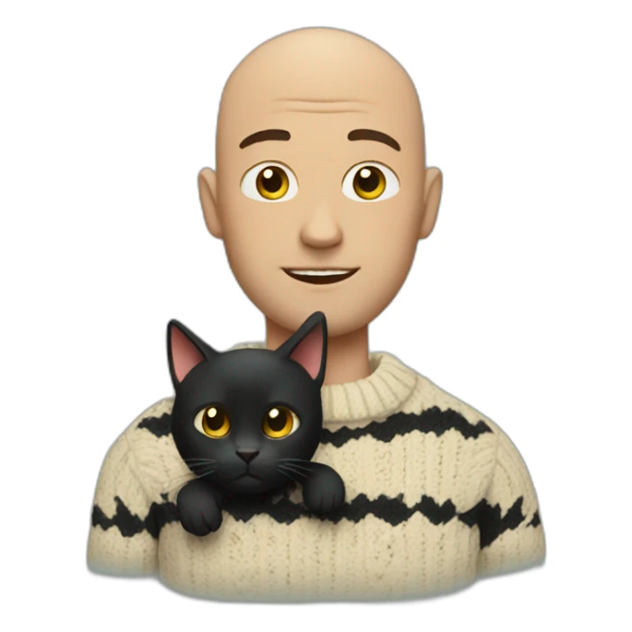 Bald man with funky sweater holding a black cat sticker